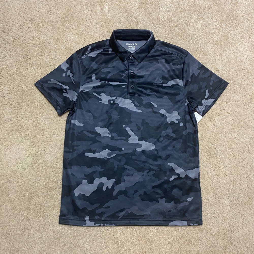 Reebok Mens Performance Ace Polo Shirt Black Camo Short Sleeve Men's New Sz M,XL
